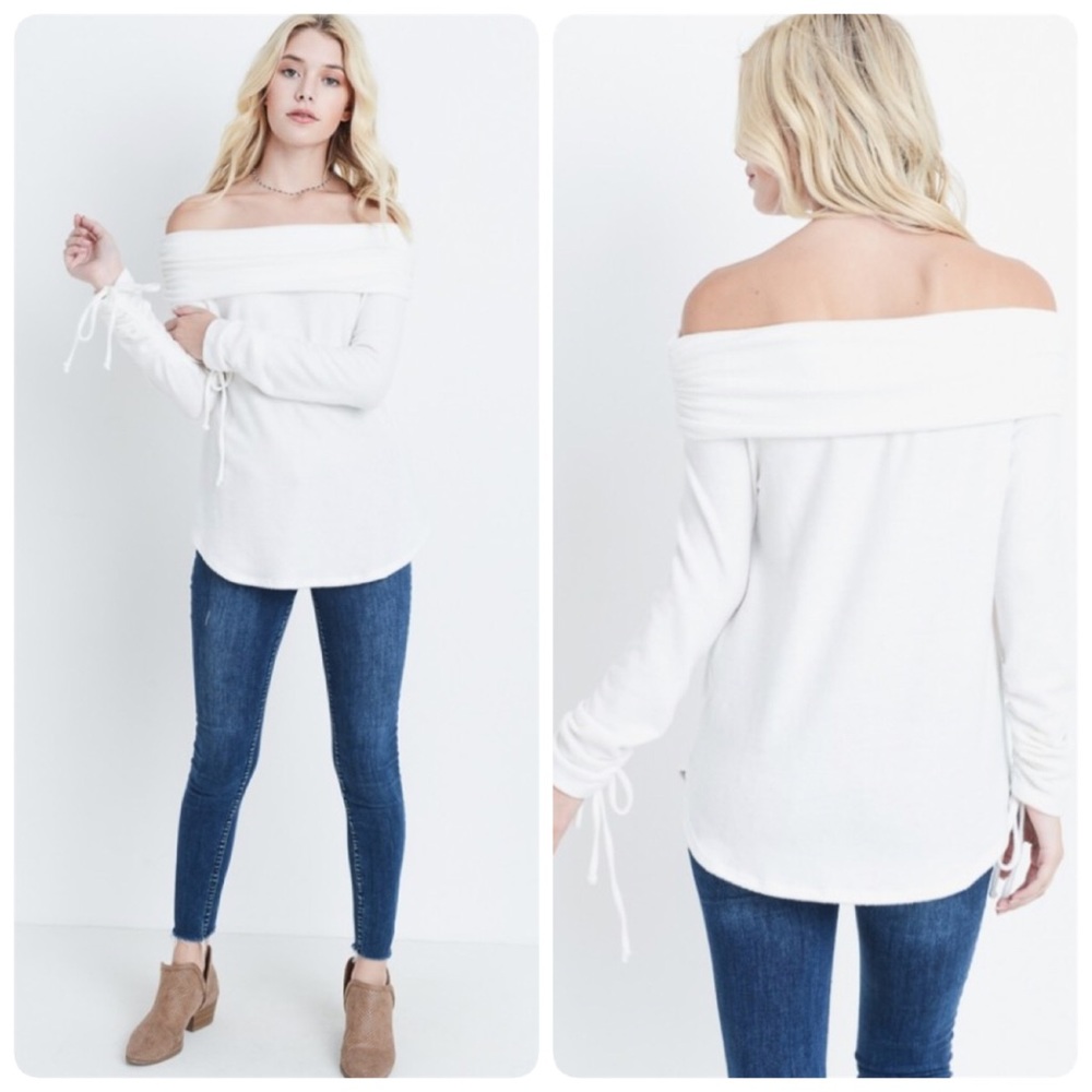 Off-the-Shoulder White Tie Sleeve Sweater